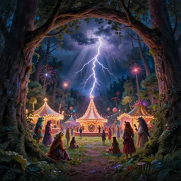 closeup of a night carnival inside a tree cavity in a magical forest in the middle of a summer storm, with a music scenario with many fireworks and christmas lights, volumetric lightning, instense god rays in the sky, folklore people disguised with fantastic creatures in a magical forest by summer night, masterpiece painted by robert hubert, scene by dark night environment, refraction lights,