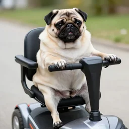 a morbidly obese pug riding a mobility scooter, high resolution photo