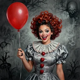 grunge cartoon painting of kylie jenner with a wide smile and a red balloon by chris leib, loony toons style, pennywise style, corpse bride style, horror theme, detailed, elegant, intricate