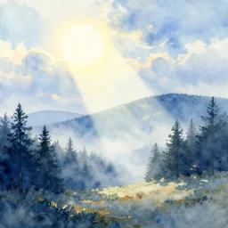 modern stylised highly detailed watercolor painting sunny sky light rays and blueish landscape misty forest trending on artstation