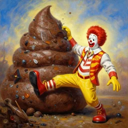 portrait oil painting, a giant poop monster attacking ronald mcdonald, ultra realistic, wide angle, intricate details, artifacts, luminous skies, highly detailed, michael cheval, peter mohrbacher, boris vallejo, jessica rossier, oil painting, highly detailed, cinematic lighting