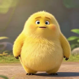 a photograph of a chubby furry banana animal, pixar animation