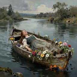 Arwen's dead body on a burning boat adorned by flowers at the river, detailed matte painting, cinematic, Alan Lee, Artstation
