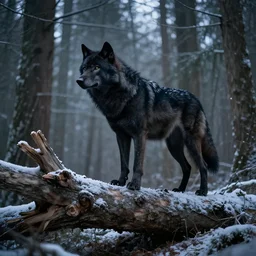 a black wolf, standing on top of a fallen tree, winter forest, fantasy, greg rutkowski, cinematic, extremely detailed, dramatic lighting