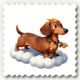 sausage dog riding a griffon, through the clouds on a postage stamp, artistic rendering, 4 k high rez, abstract design, stary night sky