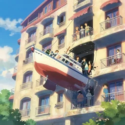 a boat falling out of a hotel building. vibrant colors, soft lighting, adventurous, atmospheric lighting, 8 k, octane render. by makoto shinkai, stanley artgerm lau, wlop, rossdraws, james jean, andrei riabovitchev, marc simonetti, krenz cushart, sakimichan, d & d trending on artstation, digital art.
