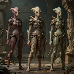 costume design made for fractal aliens, sophisticated composition, old masters light composition, procedurally generated, character posing for concept art, ancient ruins behind, substance designer, PBR, HD, Ultra detailed, hyperrealistic, megascans, volumetric light, concept by master artist, made in paint tool SAI2, trending pixiv face