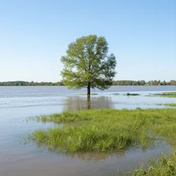 flooded plains landscape. solitary tree. clear sunny day at noon. grass islands up close. flood waters. max rive, 1 6 megapixel, instagram, landscape, hdri, light blue sky