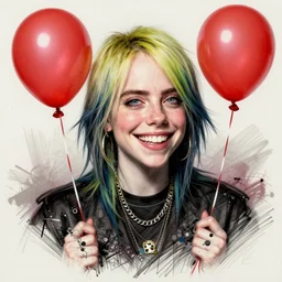 surrealism grunge cartoon portrait sketch of billie eilish with a wide smile and a red balloon by - michael karcz, loony toons style, minecraft style, horror theme, detailed, elegant, intricate