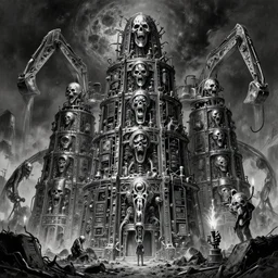 b & w inks of 1 1 horrifying chromed machines in tiers, all mainframe and medical, filthy, putrid chrome dip, insane speed of excavating planet grave, by wayne d barlowe, boris vallejo, geof darrow, stefano tamburini, torch light, muted colors, epic, hyper detailed, awe inspiring, award winning horror, hyper realism, cinematic