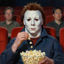 painting of Michael Myers eating popcorn sitting in a row of movie theater, sharp focus, face focused, trending on ArtStation, masterpiece, by Greg Rutkowski, by Ross Tran, by Fenghua Zhong, octane, soft render, oil on canvas, moody lighting, high contrast, cinematic, professional environmental concept art