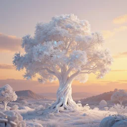 an enchanted white shimmering iridescent tree in the middle of a stunning fantasy landscape during sunset, golden hour, soft illumination, by daniel conway, greg rutkowski, daniel jean - baptiste and andreas rocha, highly detailed, fantasy, concept art, trending on artstation, beautiful digital art