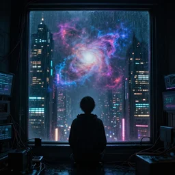 lonely cyber person made of cosmic nebula galaxy energy watching a rainy stormy colorful complex cyberpunk futuristic city from behind at night through a window in a room full of wires and screens, 8 k, hyper photorealistic, wet, highly detailed, cinematic mood by ridley scott, ghost in the shell, rendered in octane, trending on artstation, glowing lights, gloomy, epic composition
