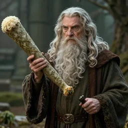 Gandalf from the hobbit holding a giant marijuana joint, amazing digital art, trending on artstation, highly detailed