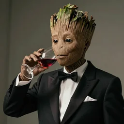 realistic groot as a gentleman wearing tuxedo drinking wine, 1 0 0 mm, trending on artstation, behance, photorealistic, movie shot, studio lighting, 8 k - n 9