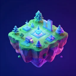 isometric floating island on neon background, isometric invironment, 3d art, isometric art, high detail, artstation, concept art, behance, ray tracing, smooth, sharp focus, ethereal lighting