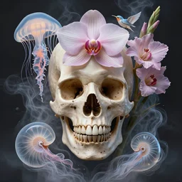 symmetry!! 3 d close - up portrait of the human skull mixed with jellyfish phoenix bird giant orchid flower and giant gladiola. midsommar style, intricate, elegant, surrounded by smoke and water energy flow. translucent nautilus, highly detailed, by wlop, tooth wu, greg rutkowski, alena aenami