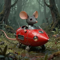 adventurer ( ( ( ( ( 1 9 5 0 s retro future robot mouse amphibious vehical home. muted colors. spooky swamp ) ) ) ) ) by jean baptiste monge!!!!!!!!!!!!!!!!!!!!!!!!! chrome red