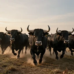 realistic photo first person perspective, black bulls stampede towards camera, attacking and chasing me, dramatic lighting, early evening, professional photography, high detail, cinematic lighting, unreal engine