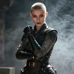 film still of elizabeth debicki as asajj ventress, bald, deep focus, glamour pose, dramatic lighting, unreal engine, mist, steve mccurry, cinematic composition, volumetric lighting