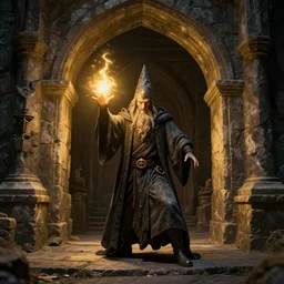 crazy wizard casting a spell at the entrance of a dungeon, golden hour, elegant, high quality, striking, high contrast, very detailed, bright colours, smooth, fluid, coherent, high quality, dramatic lighting, by mort kunstler and alex ross and magali villeneuve and mucha