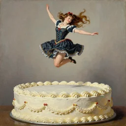 jump from the huge cake, long hair, by greg hildebrandt fancy 2 0 century oil painting high quality clothed in fancy garb in pin up style
