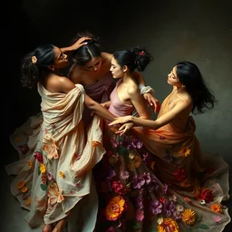 top angle view, wide lens of multiple interracial females draped in rotten colorful flowery dress, dancing with each other, epic composition, beautiful concept painting by caravaggio, digital illustration ruan jia, greg rutkowski