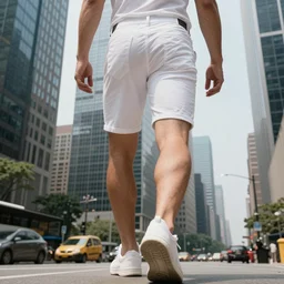 man larger than skyscrapers wearing tight white shorts walks around the city, low angle shot, photography, highly detailed, trending on artstation, award winning photography, 4 k, highly detailed