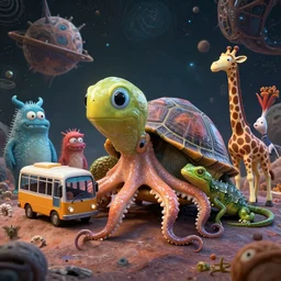 a strange bird turtle octopus lizard giraffe chimera creature waiting for the bus with other monsters, on an alien planet, platonic forms, in the style of shaun tan, sam shearon, dr seuss, leng jun, close up, glossy, beautiful, fantastic, wonderful, science fiction, dramatic lighting, high contrast, fractal background, 3 d sculpture 8 k octane render