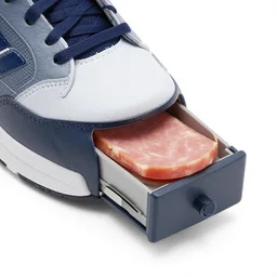 sports shoe containing small sliding drawer, lunch meat inside, product photo