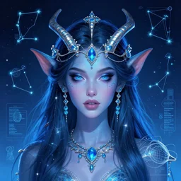 portrait of jewel djinn queen godess of dreams with constellations in the background in the style of Rob Lefield and Dan Mumford , trending on artstation, digital art,surrealism ,macro,blueprint ,vaporwave ,