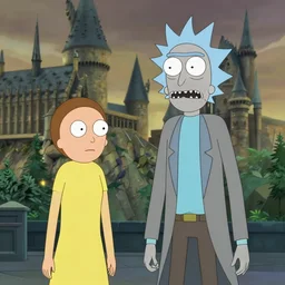 a cinematic movie still from the life action adaptation rick and morty go to hogwarts