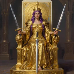 a beautiful realistic painting of queen of swords, goddess of the city, symetric visage, swords in both hands, tarot card, full body picture, golden throne, purple hair, golden ratio, intricate, elegant, highly detailed, digital painting, artstation, 8 k,