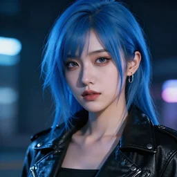 young Asian Cyberpunk woman with blue hair, Close up portrait, wearing a leather jacket, hyperdetailed, artstation, cgsociety, 8k, nighttime