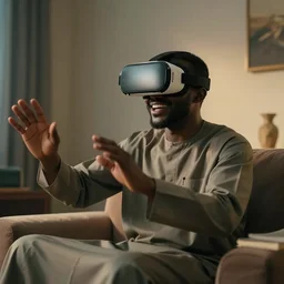 paparazzi photo of an sudanese man smiling wearing a vr headset in a sitting room, dynamic shot, high quality, dramatic lighting, high definition, movie scene