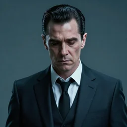 a cyberpunk very ugly but sad mafia boss in a suit with slicked back black hair played by christen bale as an elf, 1 9 7 9 omni magazine cover, style by vincent di fate, artgerm, very coherent, hyper detailed, 4 k resolution, bright, unreal engine, daz