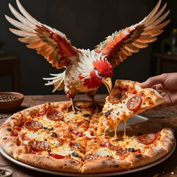phoenix bird eating a slice of dominos pizza, high detailed, sharp image, realistic