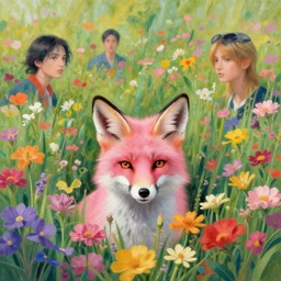 pink fox head popping out of a field of multi colored flowers by kilian eng, victo ngai, josan gonzalez, hokusai