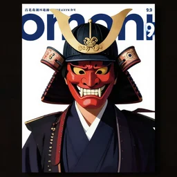 1 9 7 9 omni magazine cover of hiroyuki sanada in a samurai hat and oni mask. simple stylized cyberpunk photo by josan gonzalez.