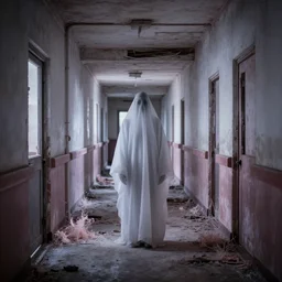 Infrared photo of a corridor inside an abandoned hospital showing a ghost figure