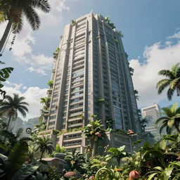 photo a massive building towering over a jungle 4 k rtx hdr volume light concept studio matte painting environement digital illustration fanart artstation by eytan zana and robby johnson
