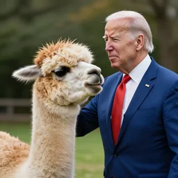 an alpaca that resembles donald trump spits in joe biden's face, photorealistic - h 6 4 0