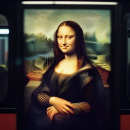 grainy 3 5 mm film photo of the mona lisa sitting on a bus in london