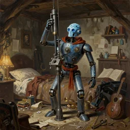 classic oil painting, a drilling robot dressed as a medieval librarian, as a dnd character, inside a cluttered bedroom, cottagecore, highly detailed, digital illustration, concept art, smooth, sharp focus, art by roy c. krenkel, and boris vallejo, and manuel sanjulian, magic the gathering, ice