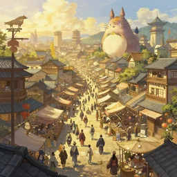 bustling marketplace in a great kitsune city, a fantasy digital painting by Greg Rutkowski and James Gurney, trending on Artstation, golden hour, highly detailed