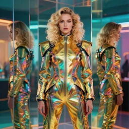 vertical photo of polish female in chromatic futuristic suit, blonde, curly hair, symmetrical beautiful face, cyberpunk, native costume, standing in the alit room, prismatic neon, fashion editorial photography, hyperrealistic, from vogue magazine, reflections, refraction, gold, teal, orange