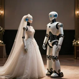 two robots wedding, cinema, scene, romantic, elegant, sofe light, cinematography lighting, still photo