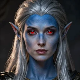 color portrait of a drow elf female (beautiful with blue-gray skin with silver hair and red eyes), Greg rutkowski, Trending artstation, cinematográfica, digital Art