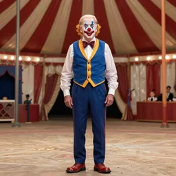 Joe Biden with clown make-up all over his face inside a circus, full body