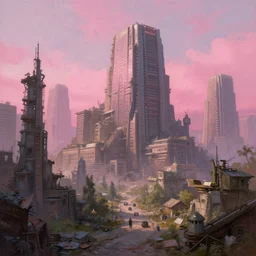 postapocalyptic city of syzran!!!, militaristic!!!, romantic!!!, hyperrealistic, highly detailed, cinematic, pink sunlight!, beautiful, cgssociety, artstation, 8 k, oil painting by greg rutkowski, by artgerm, by wlop